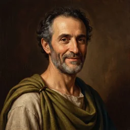 Portrait of Philemon: a lean man of about fifty with kind eyes, a short greying beard and a small, warm smile, in an olive-green cloak.